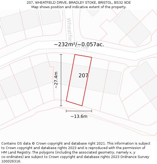 207, WHEATFIELD DRIVE, BRADLEY STOKE, BRISTOL, BS32 9DE: Plot and title map