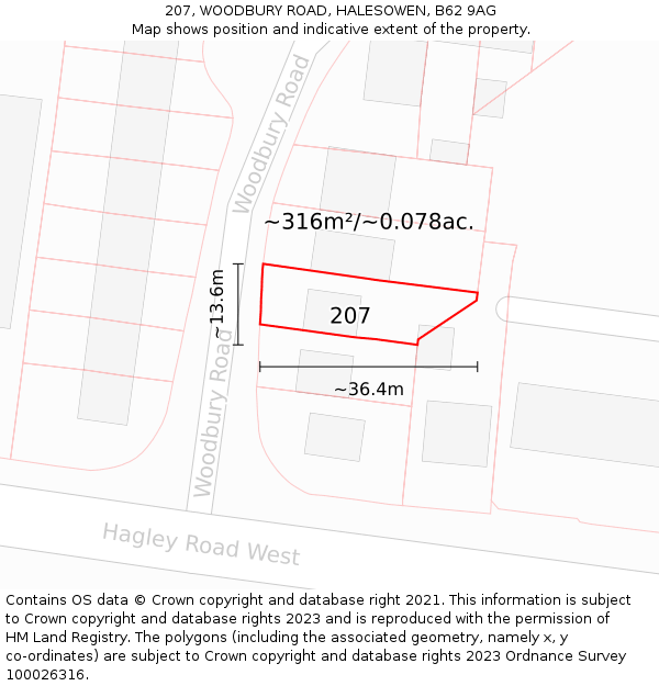 207, WOODBURY ROAD, HALESOWEN, B62 9AG: Plot and title map