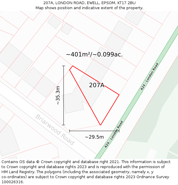 207A, LONDON ROAD, EWELL, EPSOM, KT17 2BU: Plot and title map