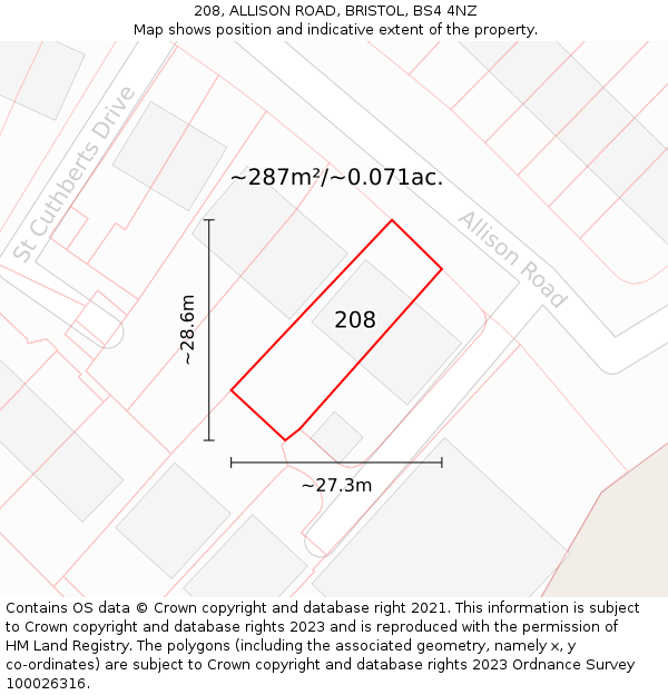 208, ALLISON ROAD, BRISTOL, BS4 4NZ: Plot and title map