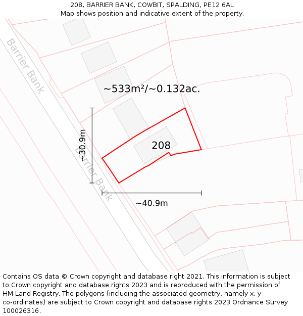 208, BARRIER BANK, COWBIT, SPALDING, PE12 6AL: Plot and title map