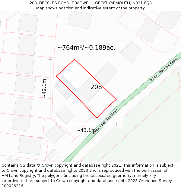 208, BECCLES ROAD, BRADWELL, GREAT YARMOUTH, NR31 8QD: Plot and title map