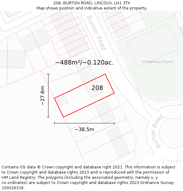 208, BURTON ROAD, LINCOLN, LN1 3TX: Plot and title map