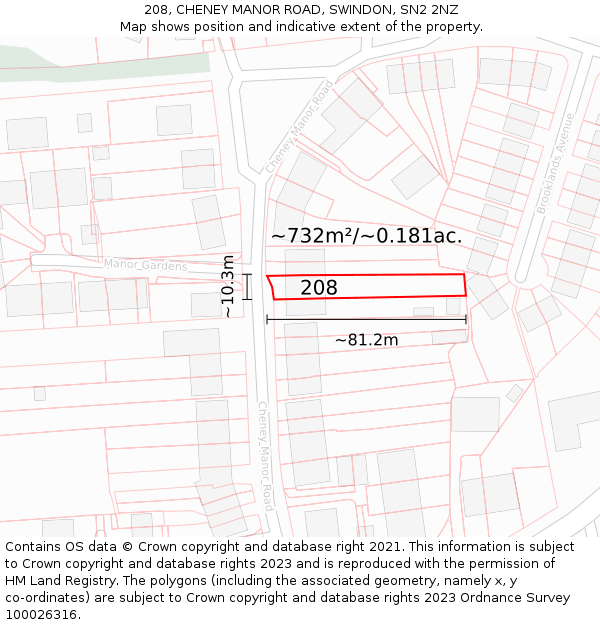 208, CHENEY MANOR ROAD, SWINDON, SN2 2NZ: Plot and title map