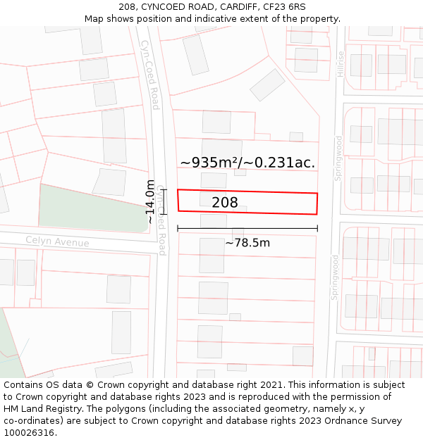 208, CYNCOED ROAD, CARDIFF, CF23 6RS: Plot and title map