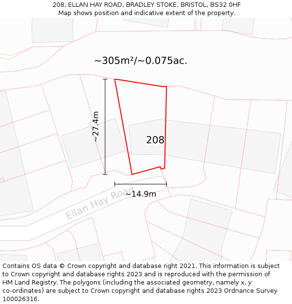 208, ELLAN HAY ROAD, BRADLEY STOKE, BRISTOL, BS32 0HF: Plot and title map