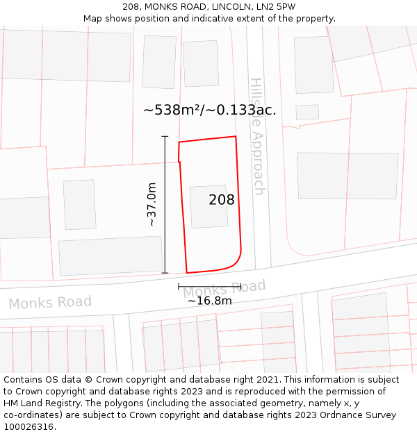 208, MONKS ROAD, LINCOLN, LN2 5PW: Plot and title map