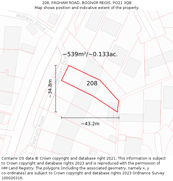 208, PAGHAM ROAD, BOGNOR REGIS, PO21 3QB: Plot and title map