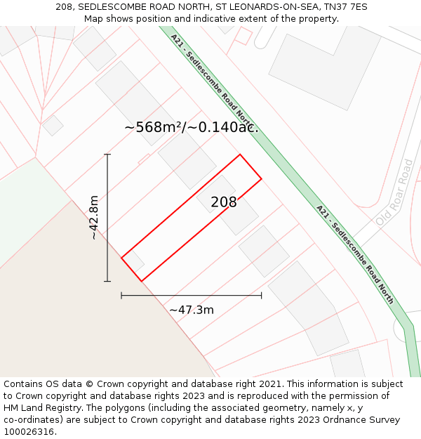 208, SEDLESCOMBE ROAD NORTH, ST LEONARDS-ON-SEA, TN37 7ES: Plot and title map