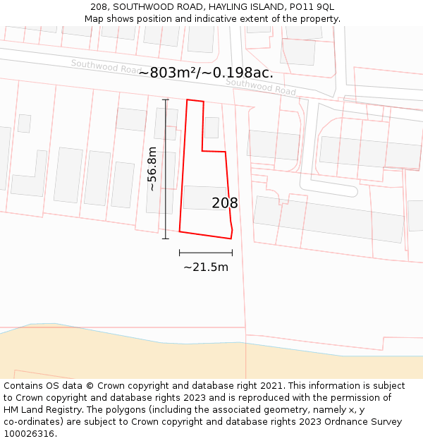 208, SOUTHWOOD ROAD, HAYLING ISLAND, PO11 9QL: Plot and title map