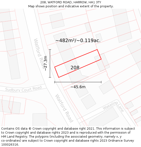 208, WATFORD ROAD, HARROW, HA1 3TY: Plot and title map