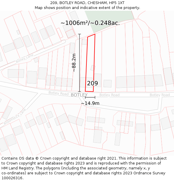 209, BOTLEY ROAD, CHESHAM, HP5 1XT: Plot and title map