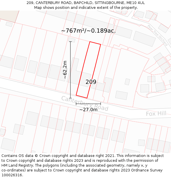 209, CANTERBURY ROAD, BAPCHILD, SITTINGBOURNE, ME10 4UL: Plot and title map