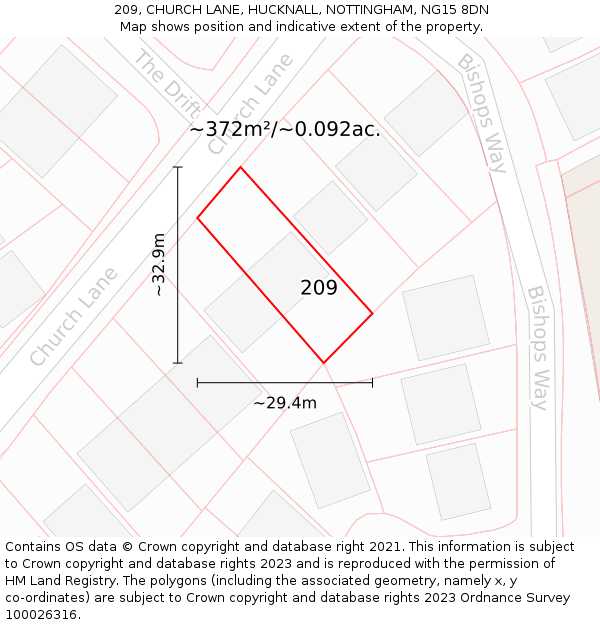 209, CHURCH LANE, HUCKNALL, NOTTINGHAM, NG15 8DN: Plot and title map