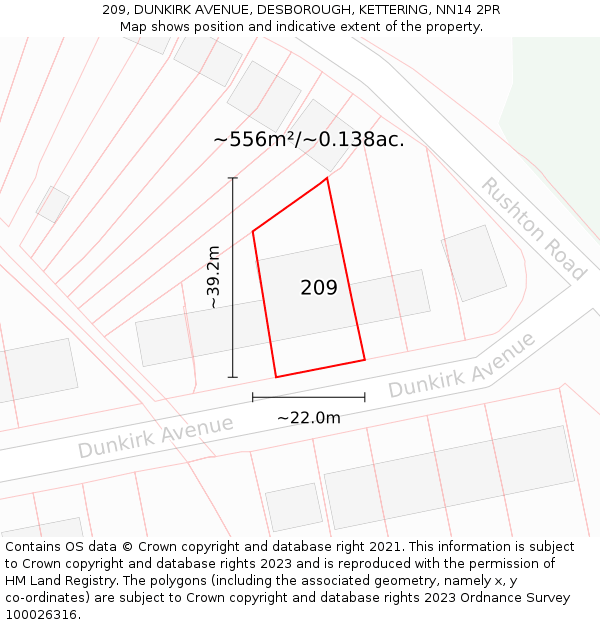 209, DUNKIRK AVENUE, DESBOROUGH, KETTERING, NN14 2PR: Plot and title map