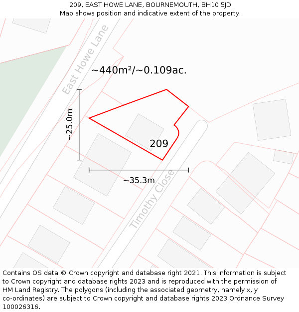 209, EAST HOWE LANE, BOURNEMOUTH, BH10 5JD: Plot and title map