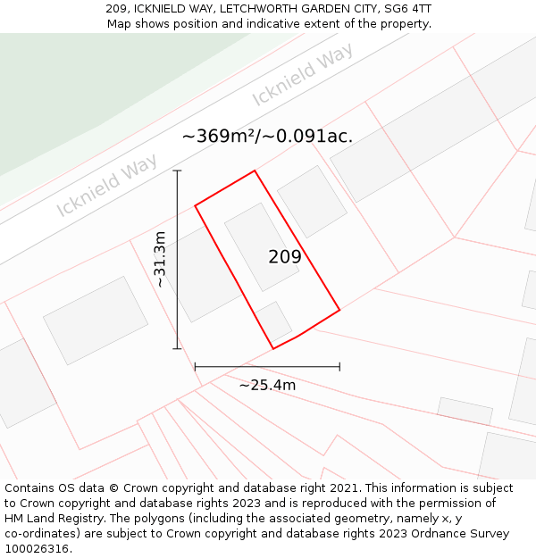 209, ICKNIELD WAY, LETCHWORTH GARDEN CITY, SG6 4TT: Plot and title map