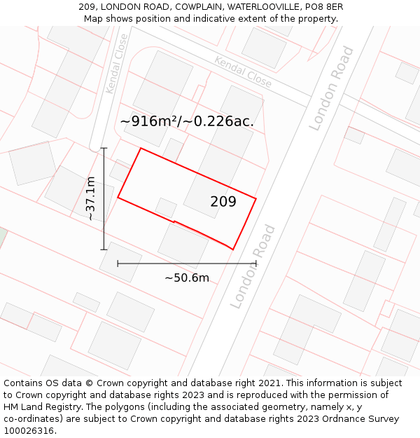 209, LONDON ROAD, COWPLAIN, WATERLOOVILLE, PO8 8ER: Plot and title map