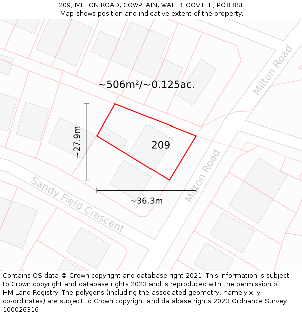 209, MILTON ROAD, COWPLAIN, WATERLOOVILLE, PO8 8SF: Plot and title map