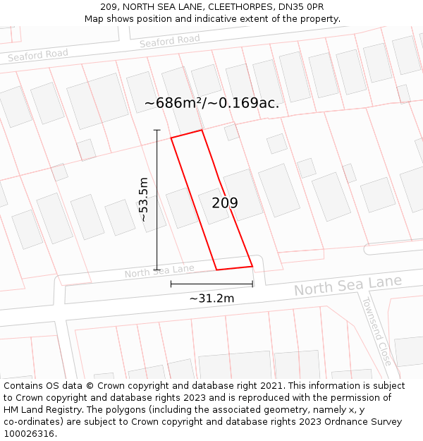 209, NORTH SEA LANE, CLEETHORPES, DN35 0PR: Plot and title map