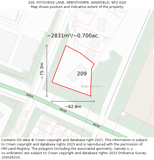 209, POTOVENS LANE, WRENTHORPE, WAKEFIELD, WF2 0QG: Plot and title map