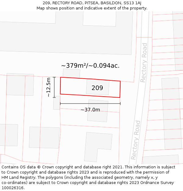 209, RECTORY ROAD, PITSEA, BASILDON, SS13 1AJ: Plot and title map