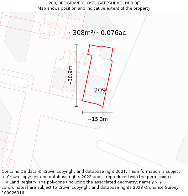 209, REDGRAVE CLOSE, GATESHEAD, NE8 3JT: Plot and title map