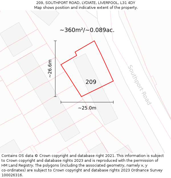 209, SOUTHPORT ROAD, LYDIATE, LIVERPOOL, L31 4DY: Plot and title map