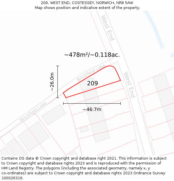 209, WEST END, COSTESSEY, NORWICH, NR8 5AW: Plot and title map