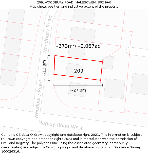 209, WOODBURY ROAD, HALESOWEN, B62 9AG: Plot and title map