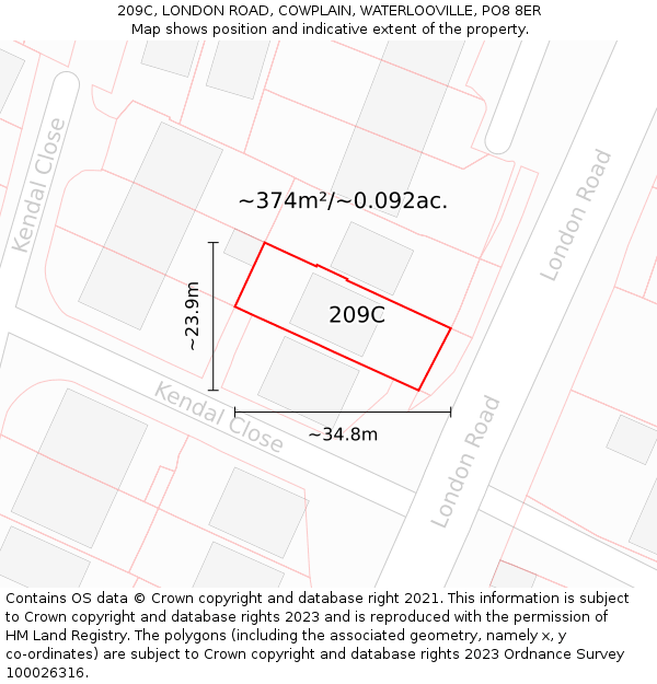 209C, LONDON ROAD, COWPLAIN, WATERLOOVILLE, PO8 8ER: Plot and title map