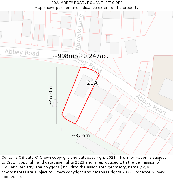 20A, ABBEY ROAD, BOURNE, PE10 9EP: Plot and title map