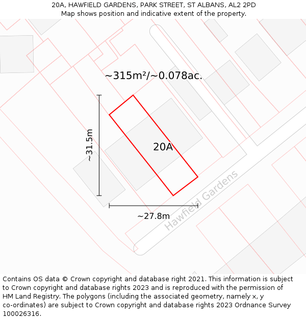 20A, HAWFIELD GARDENS, PARK STREET, ST ALBANS, AL2 2PD: Plot and title map