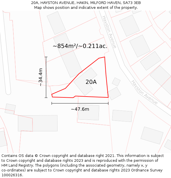 20A, HAYSTON AVENUE, HAKIN, MILFORD HAVEN, SA73 3EB: Plot and title map