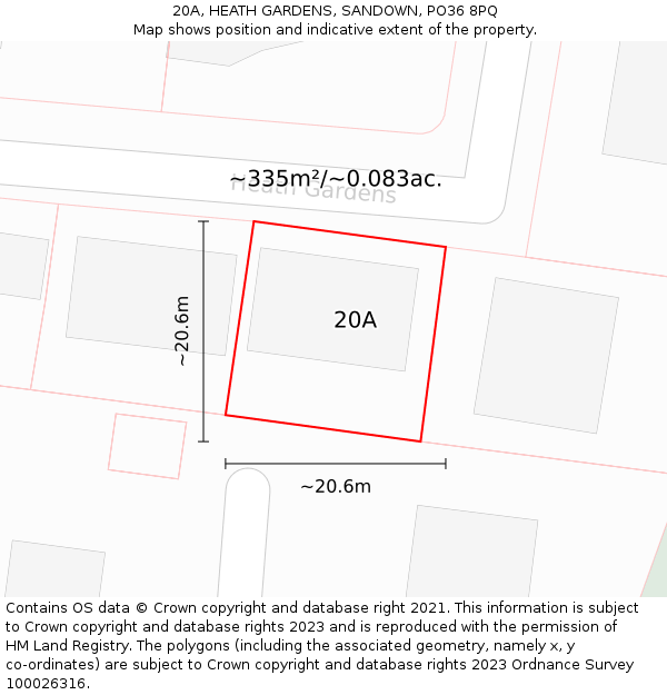 20A, HEATH GARDENS, SANDOWN, PO36 8PQ: Plot and title map