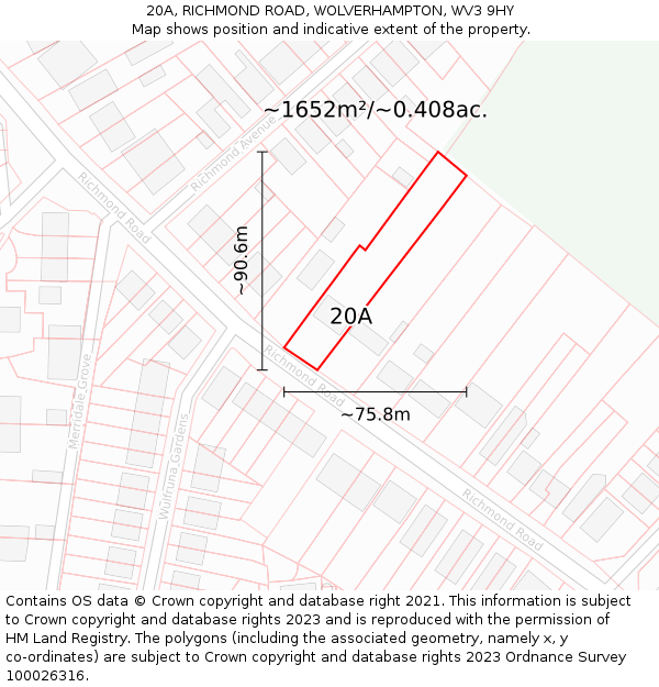 20A, RICHMOND ROAD, WOLVERHAMPTON, WV3 9HY: Plot and title map