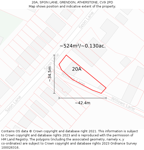 20A, SPON LANE, GRENDON, ATHERSTONE, CV9 2PD: Plot and title map