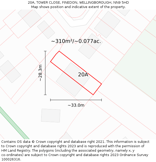 20A, TOWER CLOSE, FINEDON, WELLINGBOROUGH, NN9 5HD: Plot and title map
