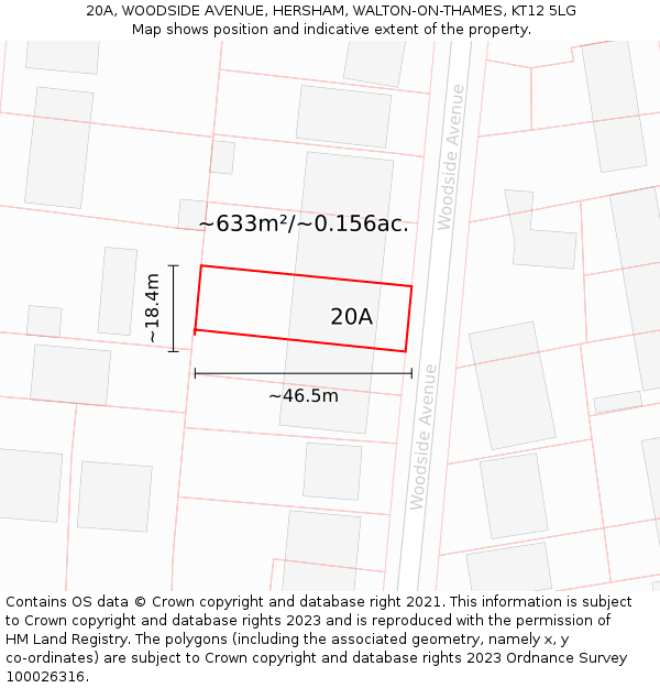 20A, WOODSIDE AVENUE, HERSHAM, WALTON-ON-THAMES, KT12 5LG: Plot and title map