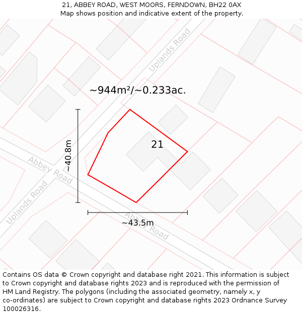 21, ABBEY ROAD, WEST MOORS, FERNDOWN, BH22 0AX: Plot and title map