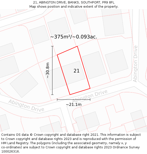 21, ABINGTON DRIVE, BANKS, SOUTHPORT, PR9 8FL: Plot and title map