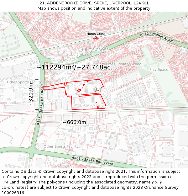 21, ADDENBROOKE DRIVE, SPEKE, LIVERPOOL, L24 9LL: Plot and title map