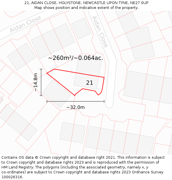 21, AIDAN CLOSE, HOLYSTONE, NEWCASTLE UPON TYNE, NE27 0UP: Plot and title map