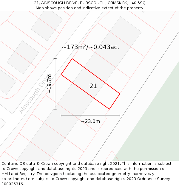 21, AINSCOUGH DRIVE, BURSCOUGH, ORMSKIRK, L40 5SQ: Plot and title map