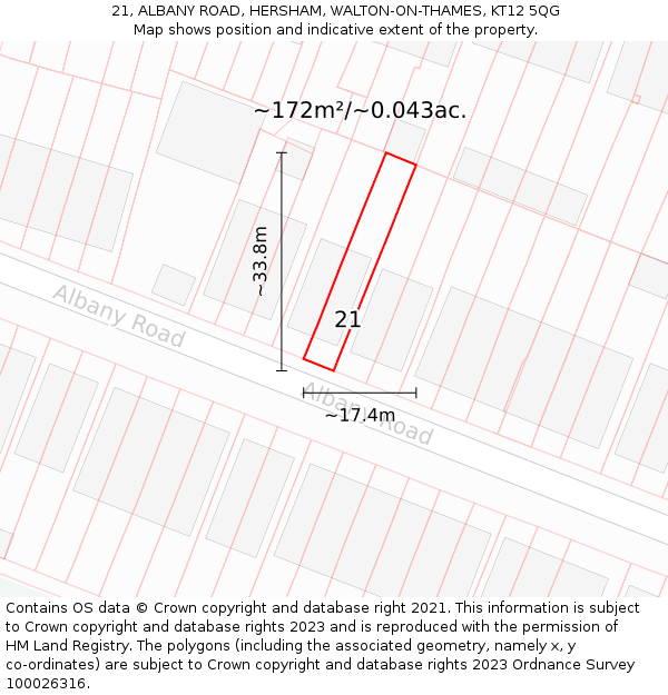 21, ALBANY ROAD, HERSHAM, WALTON-ON-THAMES, KT12 5QG: Plot and title map