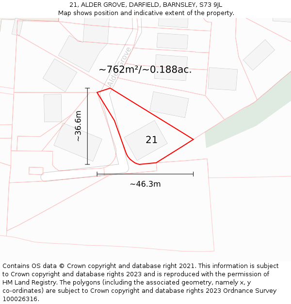 21, ALDER GROVE, DARFIELD, BARNSLEY, S73 9JL: Plot and title map