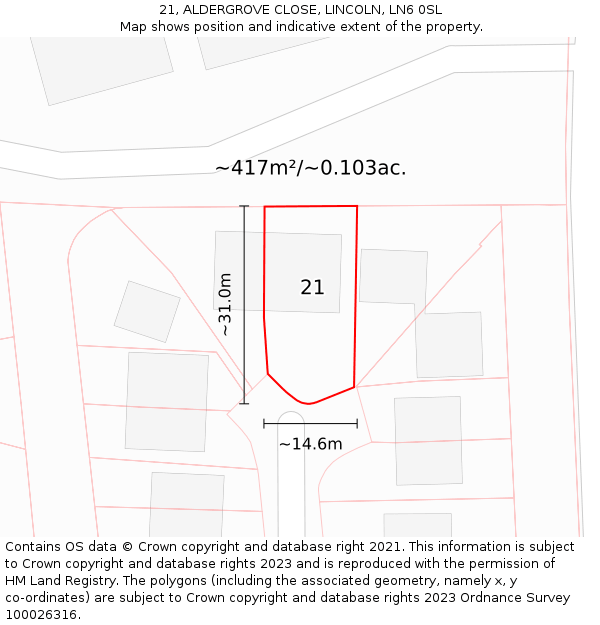 21, ALDERGROVE CLOSE, LINCOLN, LN6 0SL: Plot and title map