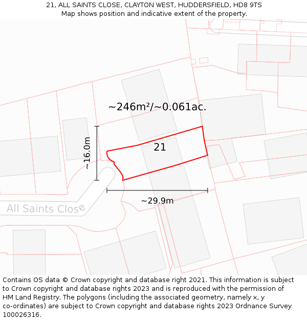 21, ALL SAINTS CLOSE, CLAYTON WEST, HUDDERSFIELD, HD8 9TS: Plot and title map