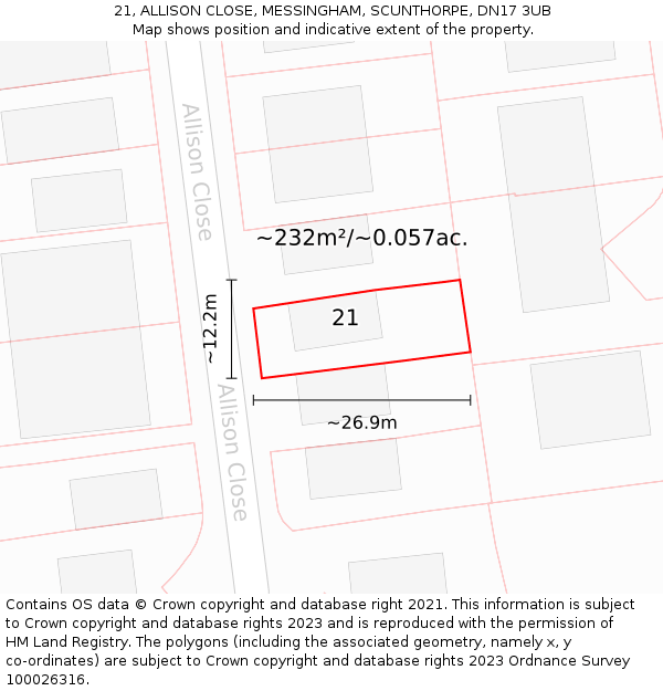 21, ALLISON CLOSE, MESSINGHAM, SCUNTHORPE, DN17 3UB: Plot and title map
