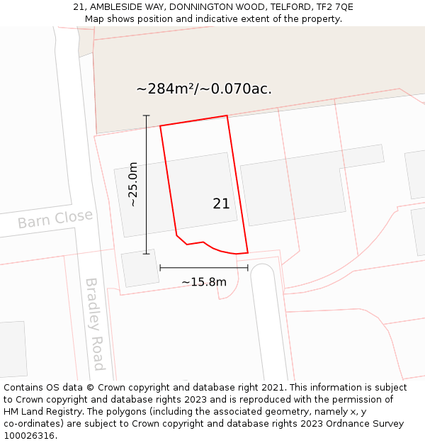 21, AMBLESIDE WAY, DONNINGTON WOOD, TELFORD, TF2 7QE: Plot and title map